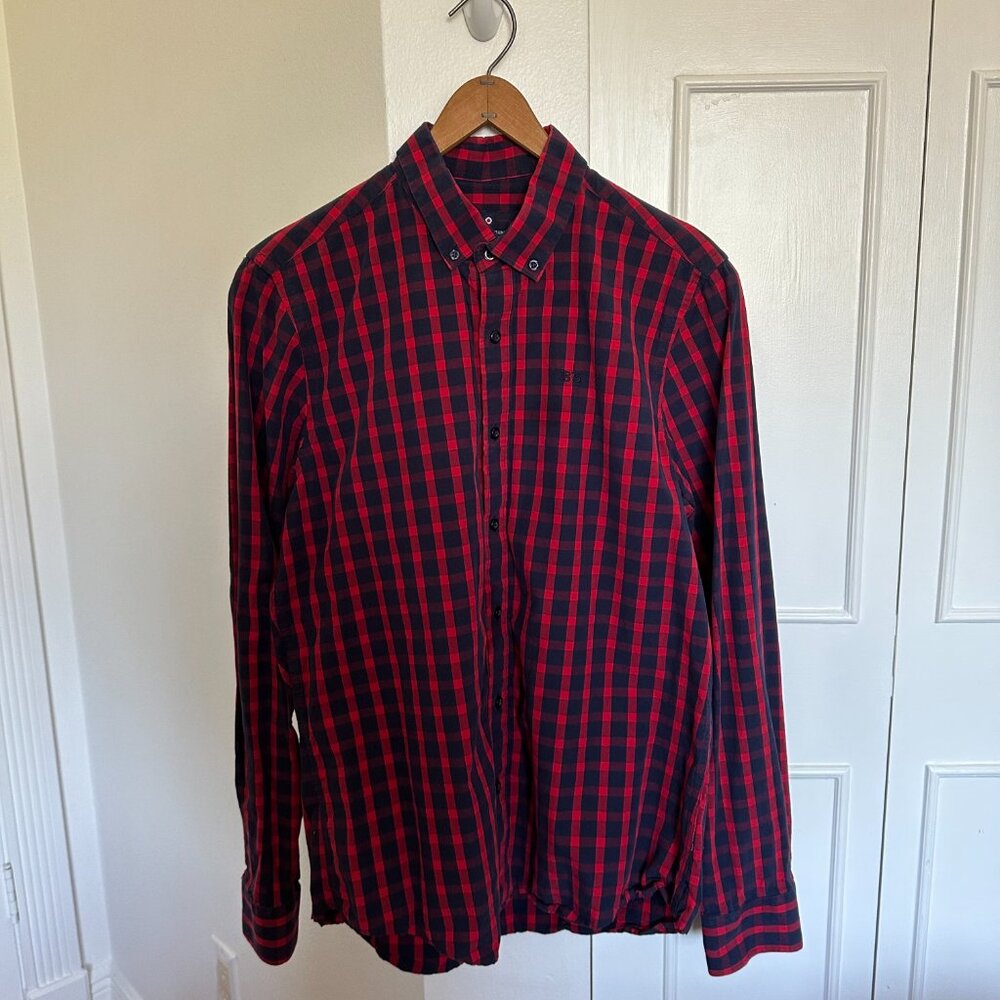 Ben Sherman Men’s Red Navy Plaid Button-Down Shirt Size Medium 100% Cotton